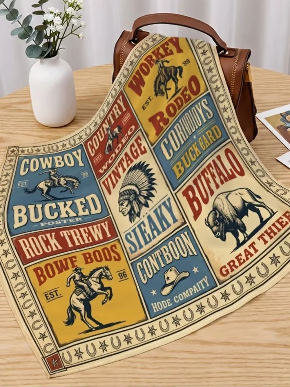 Vintage Western Print Scarf - Western Typography 35”
